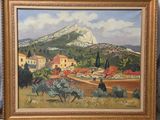 an oil painting of a landscape with a mountain in the background
