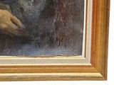a painting of a man holding a dog in his lap