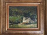 une image d'une peinture représentant une maison dans un bois
