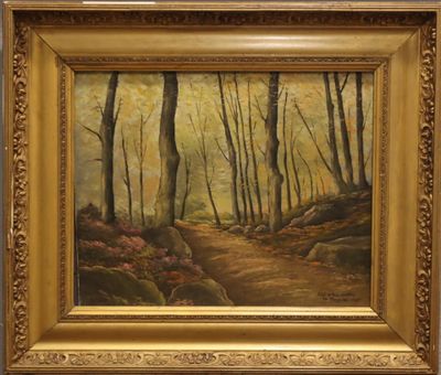 une peinture à l'huile représentant un sentier dans une forêt, avec des rochers et des arbres