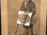 tableau représentant un vieil homme coiffé d'un chapeau et muni d'une canne, tenant un livre