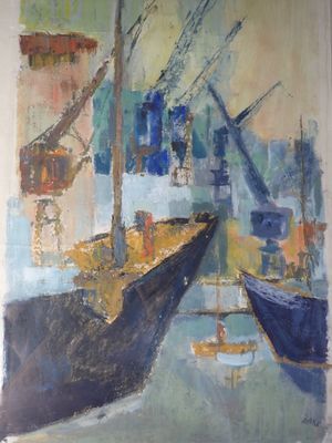 un tableau représentant un bateau dans un port, avec d'autres bateaux dans l'eau