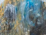 an abstract painting of a mountain with blue and yellow colors