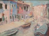 une peinture représentant des bateaux sur l'eau, devant un immeuble