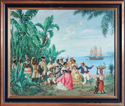 une peinture à l'huile représentant un groupe de personnes dans un décor tropical