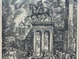 dessin représentant une statue d'un homme à cheval devant un bâtiment