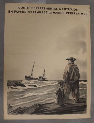 tableau représentant un homme et un enfant regardant un bateau au milieu de l'océan