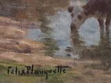 a painting of a cow drinking water from a pond