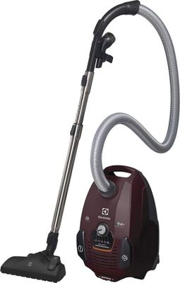 Gros plan sur un aspirateur muni d'un tuyau, sur fond blanc