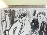 un dessin représentant un homme et une femme assis à une table