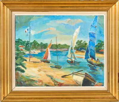 un tableau représentant des voiliers sur la plage, au bord de l'eau