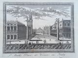 drawing of a view of a square with a clock tower in the background