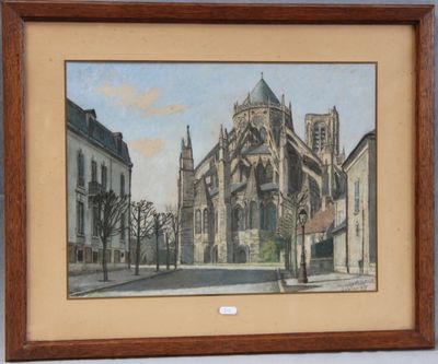 painting of a church in a city with a clock on the front of it