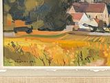a painting of a farm with a barn in the background