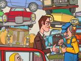 a cartoon picture of a man talking to a woman in a car