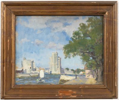 l'image d'une peinture représentant une rivière avec un château à l'arrière-plan