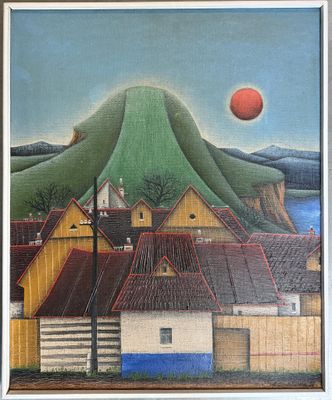 a painting of a red ball in the sky over a town