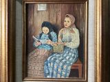 tableau représentant une femme et deux enfants assis sur un banc avec un panier