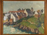 an oil painting of houses on a hill overlooking a body of water