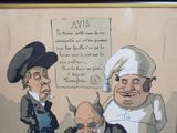 painting of a group of people with hats and glasses in front of a sign