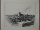 dessin représentant un château situé sur une falaise surplombant un plan d'eau