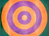 une image représentant un tableau sur lequel figurent un cercle orange et un cercle violet sur fond vert