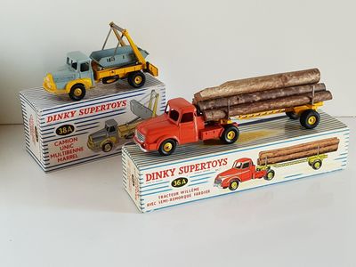 DINKY FRANCE, 2 camions : réf 36A Willème fardier et grumes,…