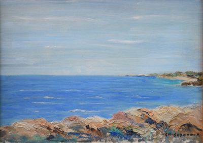 tableau représentant une vue sur l'océan depuis un rivage rocheux