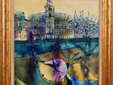 an oil painting of a cityscape with a clock tower in the background