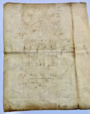 un vieux papier sur lequel est dessiné un bâtiment