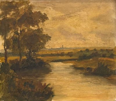 l'image d'une peinture représentant une rivière avec des arbres au premier plan