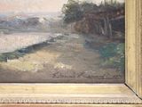 an oil painting of a landscape with a river in the foreground