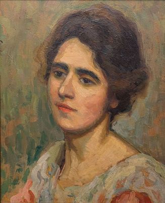 une peinture à l'huile représentant une femme vêtue d'une robe rouge et blanche