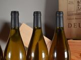 three bottles of white wine are lined up on a table