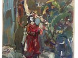 une image représentant un tableau où l'on voit une femme en robe rouge et un homme en costume bleu