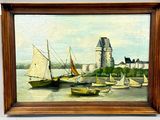 a picture of a painting of boats in the water