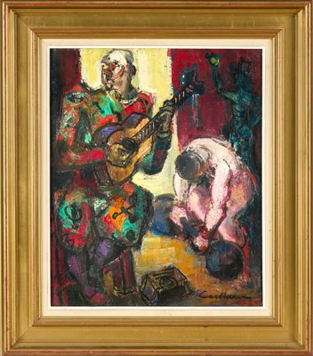 un tableau représentant un homme jouant de la guitare à côté d'une femme