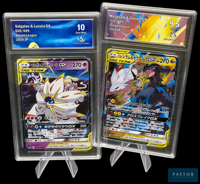 deux cartes Pokémon dans des pochettes en plastique sur fond noir