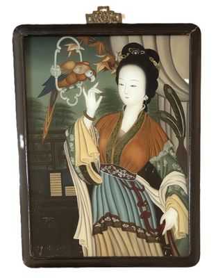 tableau représentant une femme tenant un oiseau dans la main