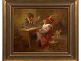a painting of a man and a woman sitting at a table with a cat