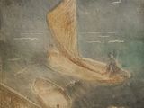 painting of a boat in a body of water with a boat in the background