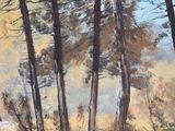 a painting of a man riding a horse in the woods