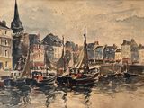 a painting of boats in a harbor with buildings in the background