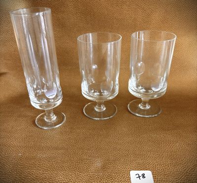 three empty wine glasses sitting on a table