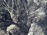 drawing of a stream in a wooded area with rocks and trees
