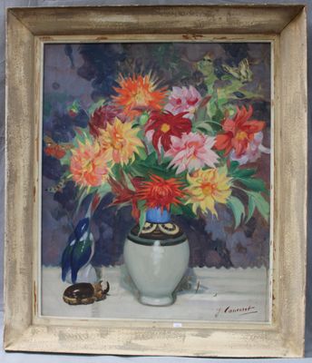 a painting of flowers in a vase on a table