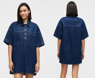 two images of a woman in a denim dress and a woman in a denim dress