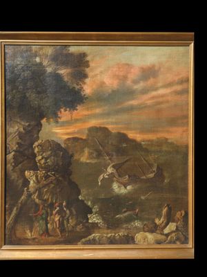 an oil painting of a man in a boat on a river