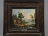 a painting of a farm scene with a river and a house