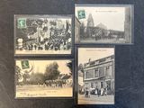 several old black and white photos of people walking down a street
